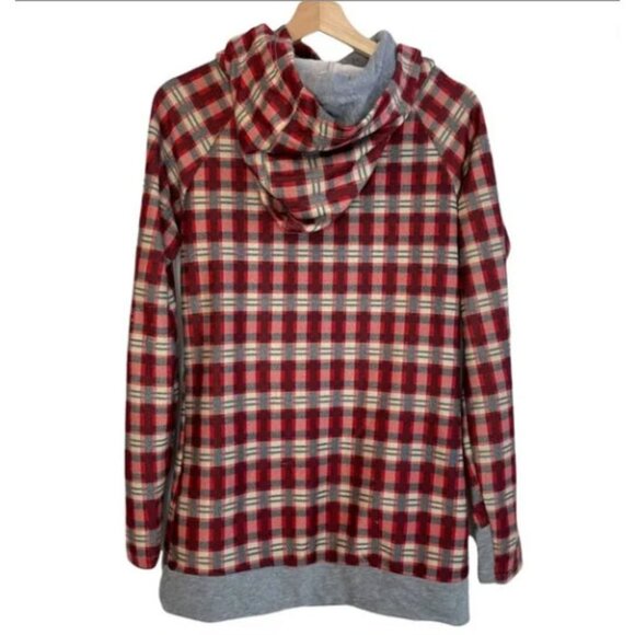 Ampersand Avenue Gray/Red Plaid Double Hood Hoodie Knit Sweatshirt - Picture 5 of 11